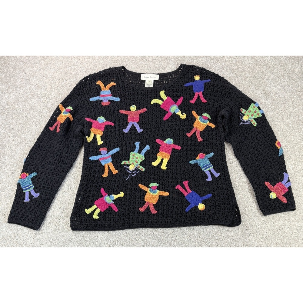 Vintage Susan Bristol Black Rainbow School Sweater Women LARGE Hand Knitted
